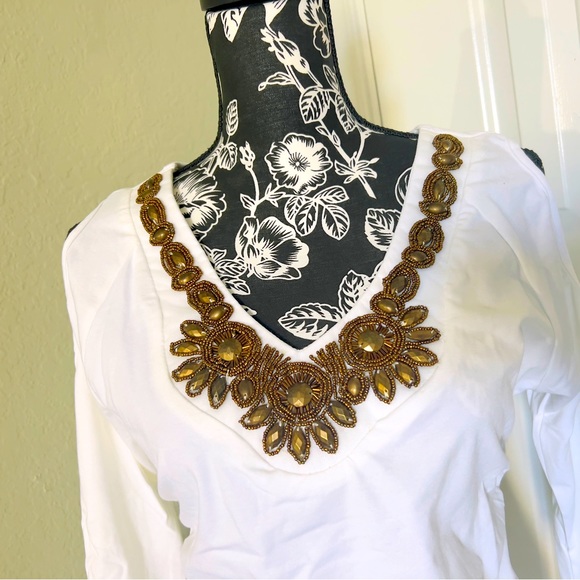 Boston Proper Embellished 3/4 sleeve top Cold Shoulder White with embellishments - Picture 2 of 9